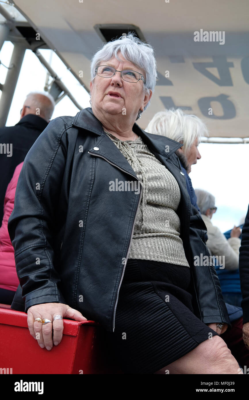 A older woman with leather jacket and short skirt. Stock Photo