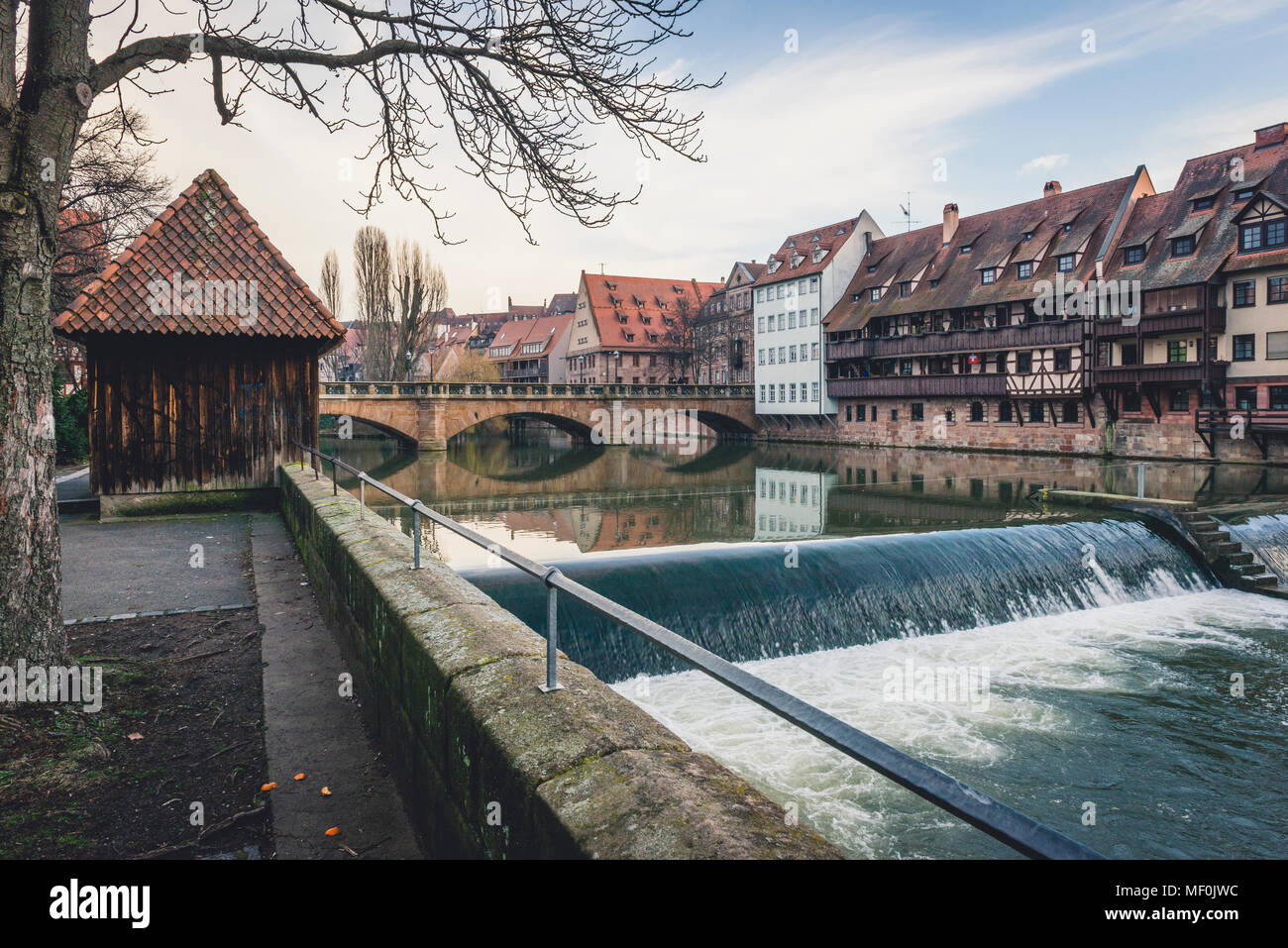 Germany, Bavaria, Nuremberg, Old town, Pegnitz river and Max Bridge Stock Photo