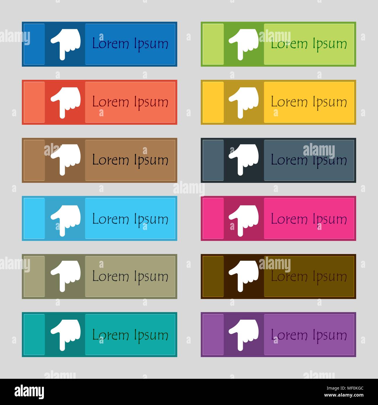 pointing hand icon sign. Set of twelve rectangular, colorful, beautiful ...