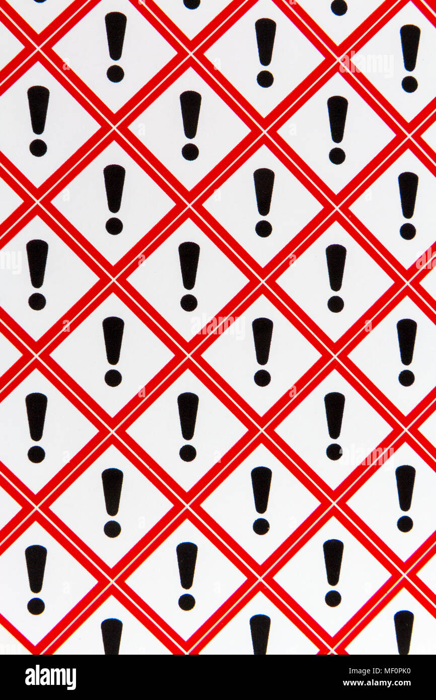 A sheet of the CLP Regulation/GHS chemical warning labels for Health hazard/Hazardous to the ozone layer (Symbol: Exclamation mark) materials. Stock Photo