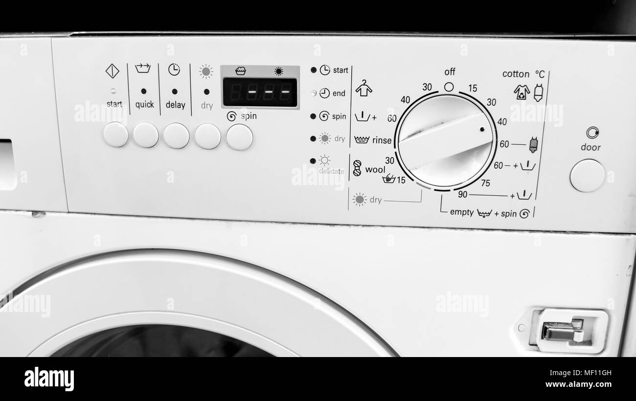 Closeup image of control panel on washing machine at laundry Stock ...