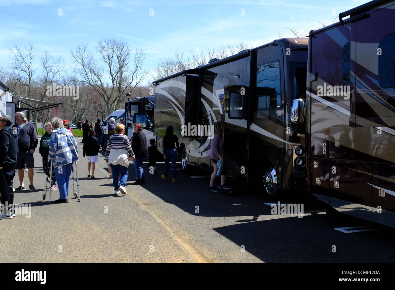 Attendees viewing RVs on display at Central NJ RV show Stock Photo