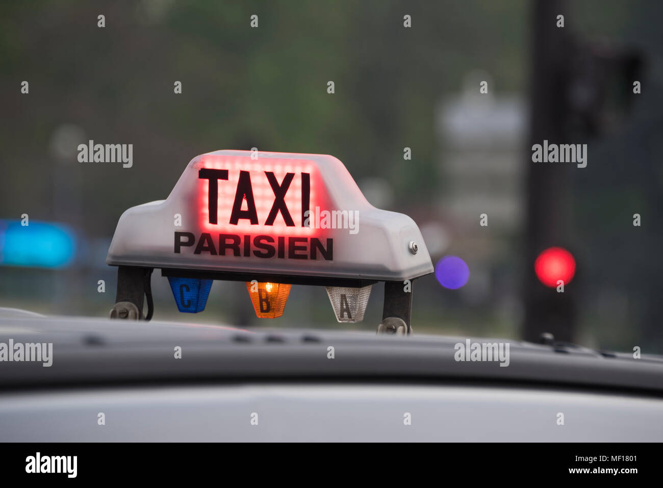 For Hire light on the roof of a taxi, Paris, France Stock Photo