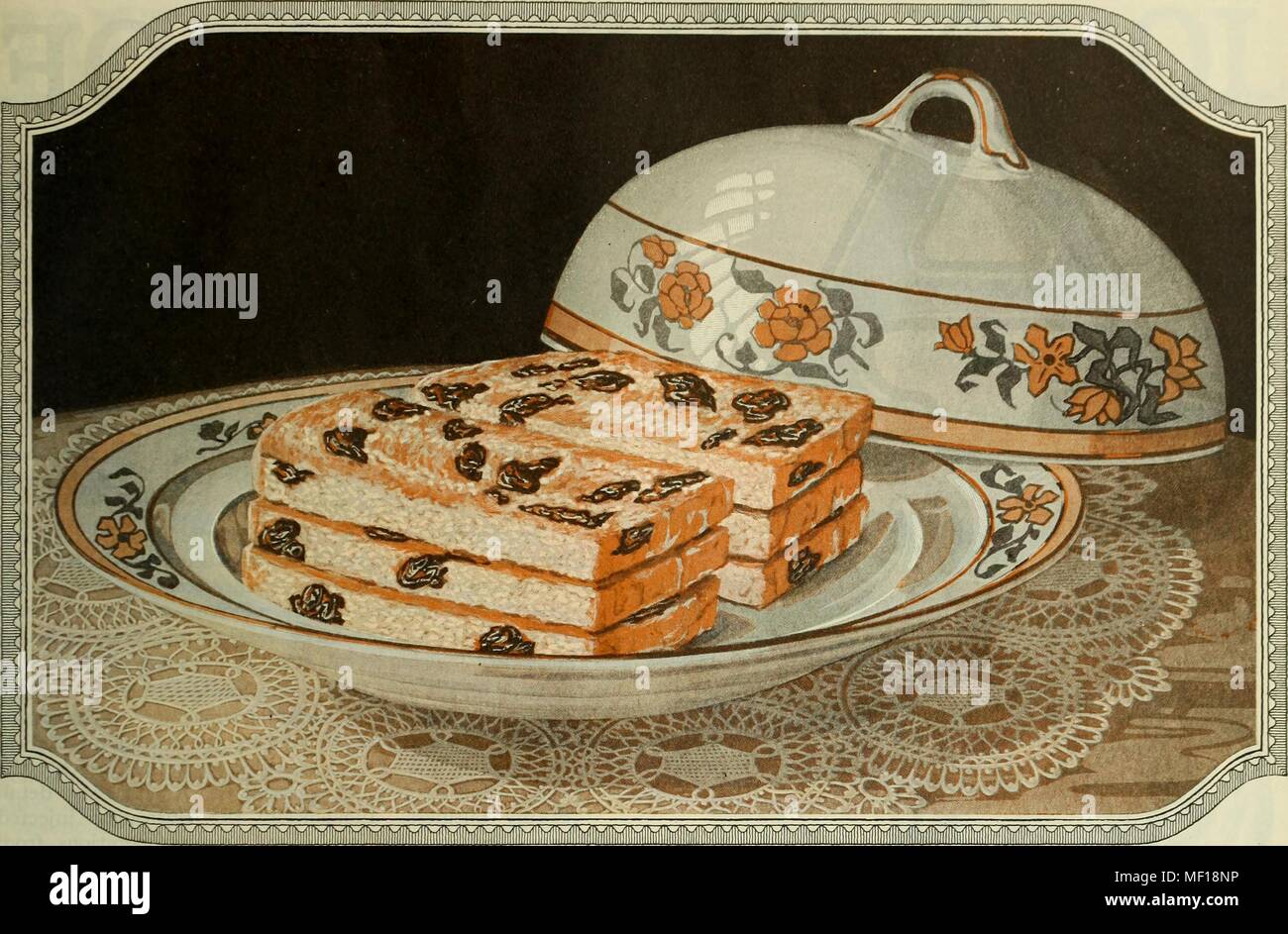 Color engraving of raisin bread toast served on a painted plate with matching cloche, on a table with a lace doily, 1839. Courtesy Internet Archive. () Stock Photo