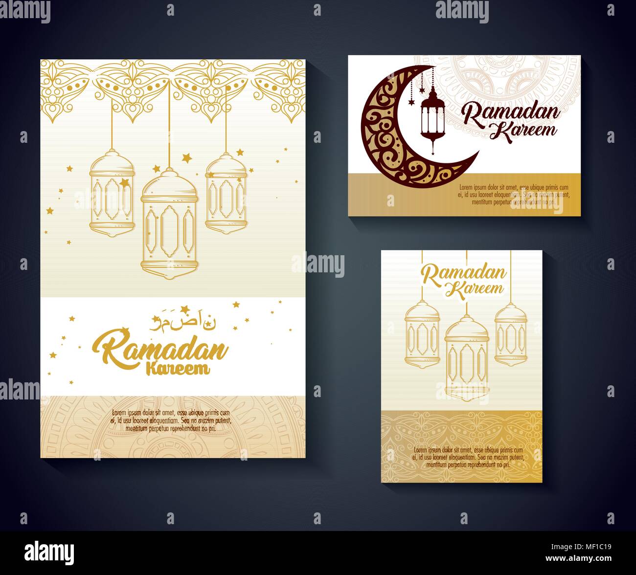 ramadan kareem card with lanterns hanging and moon Stock Vector Image ...