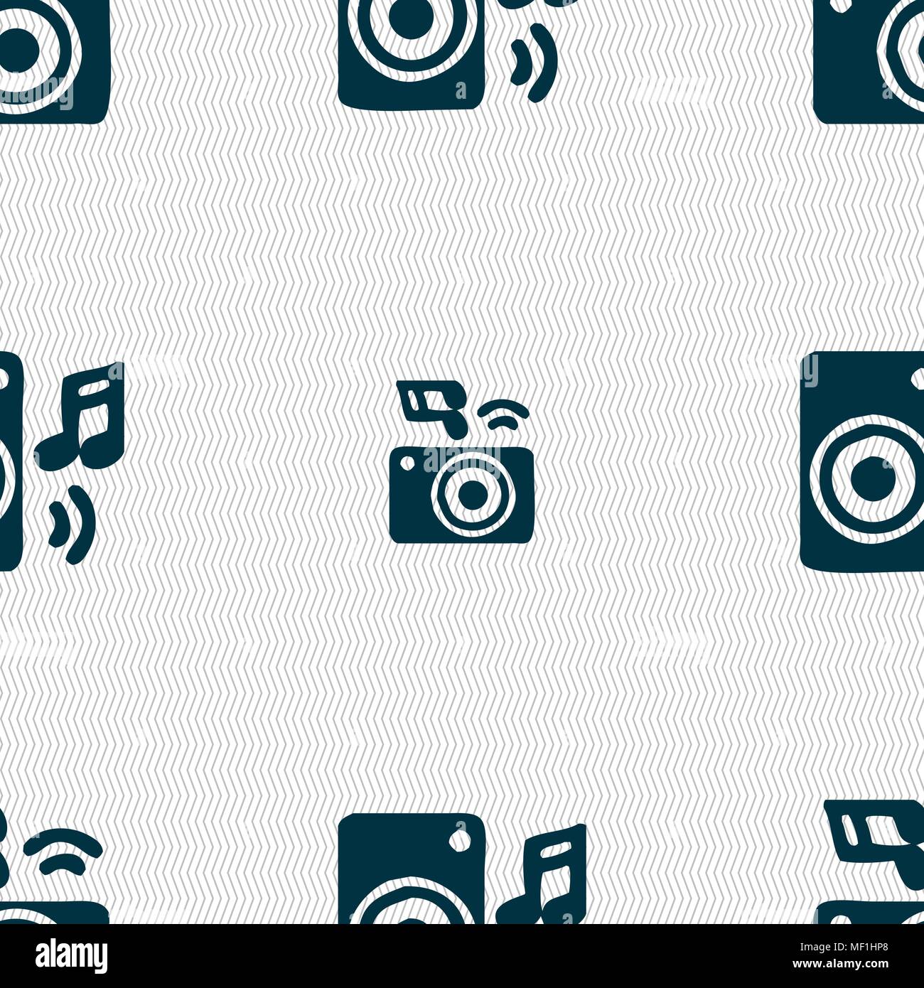 music column, disco, music, melody, speaker icon sign. Seamless pattern with geometric texture. Vector illustration Stock Vector