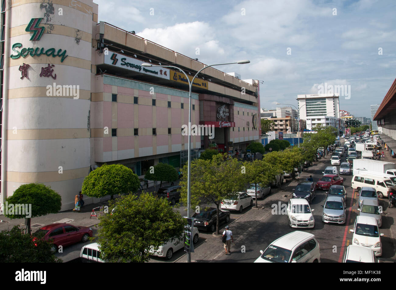 City centre streetscape, looking south from the Central Market walkway, Kota Kinabalu, Sabah, Malaysian Borneo Stock Photo