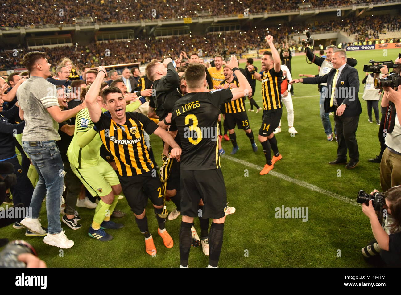 Athens, Greece. 22nd Apr, 2018. Celebrations of players of AEK, after the  end of the match, for the winning of Greek football Championship, despite  the fact that the championship will end after
