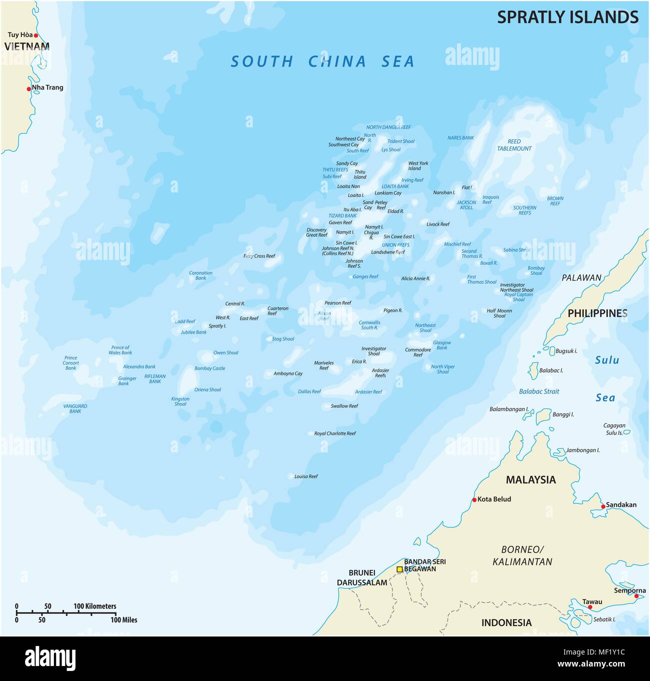 Map of the Malaysia, Philippines, Taiwan, Vietnam, People's Republic of China and Brunei controversial Spratly Islands in the South China Sea Stock Vector