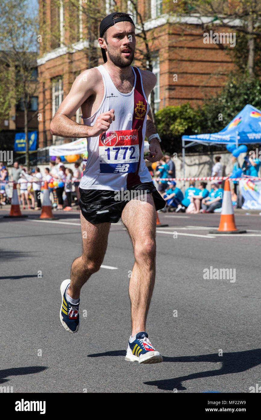 London, UK. 22nd April, 2018. Joe Croft of South London Harriers competes in the 2018 Virgin Money London Marathon. The 38th edition of the race was the hottest on record with a temperature of 24.1C recorded in St James’s Park. Stock Photo