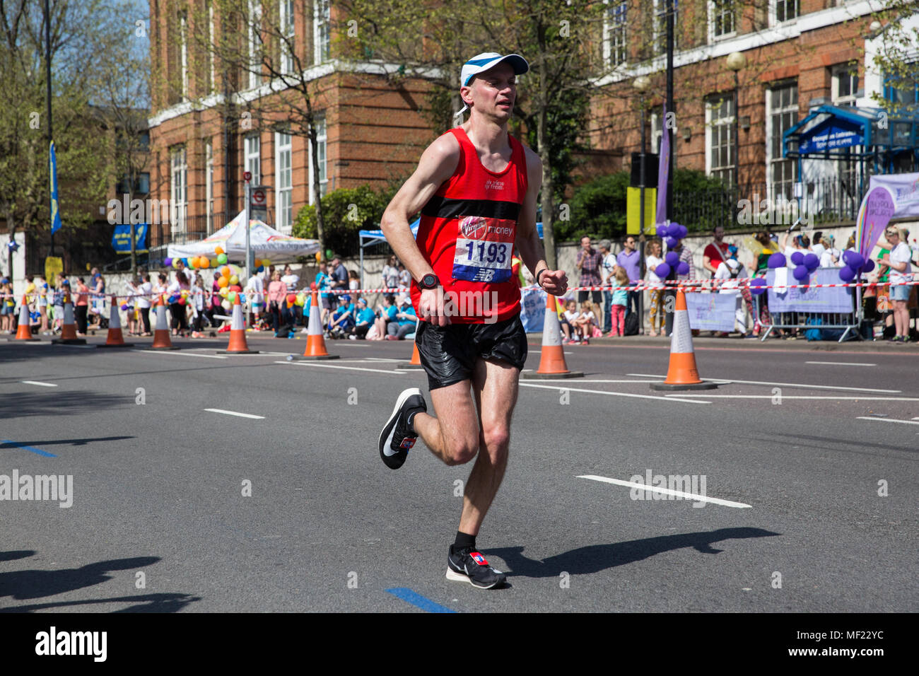 London, UK. 22nd April, 2018. Mark Wilkins of Medway and Maidstone AC competes in the 2018 Virgin Money London Marathon. The 38th edition of the race was the hottest on record with a temperature of 24.1C recorded in St James’s Park. Stock Photo