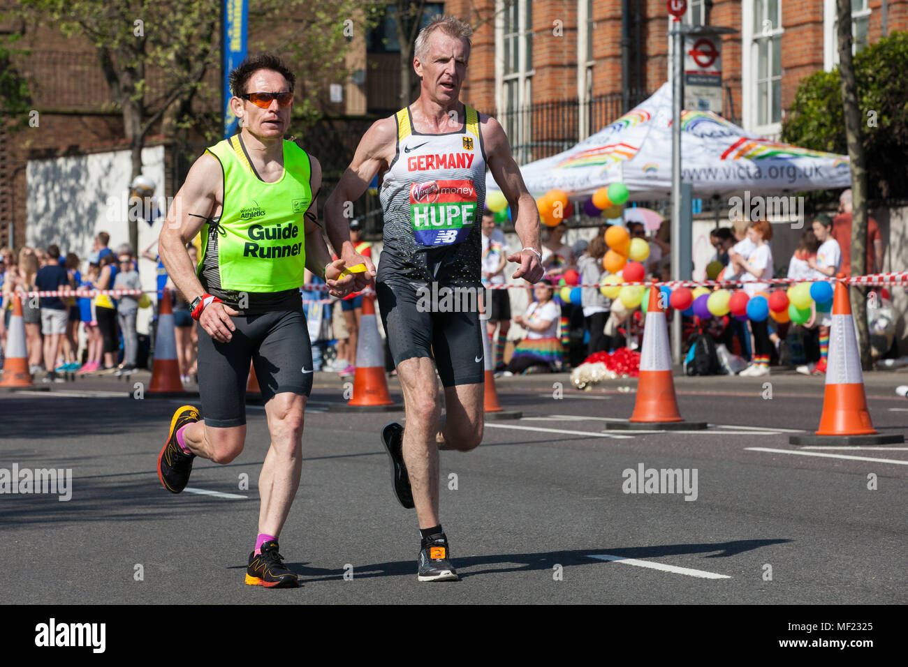 London, UK. 22nd April, 2018. Johannes-Reinhard Hupe of Germany competes in the World Para Athletics Marathon World Cup event at the 2018 Virgin Money London Marathon. The 38th edition of the race was the hottest on record with a temperature of 24.1C recorded in St James’s Park. Stock Photo