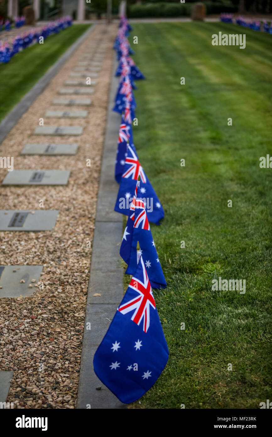 Ballarat, Victoria, Australia. 24th Apr, 2018. Pupils from MacArthur Street and Pleasant Street primary schools In Ballarat Victoria took time out to plant flags on the graves at the Ballarat Old Cemetery.Across both of Ballarat’s cemeteries, more than 1300 graves will be marked so when dawn breaks on Anzac Day the flags will flutter at the graves of every First World War soldier known to be buried or commemorated there.  Credit: brett keating/Alamy Live News Stock Photo