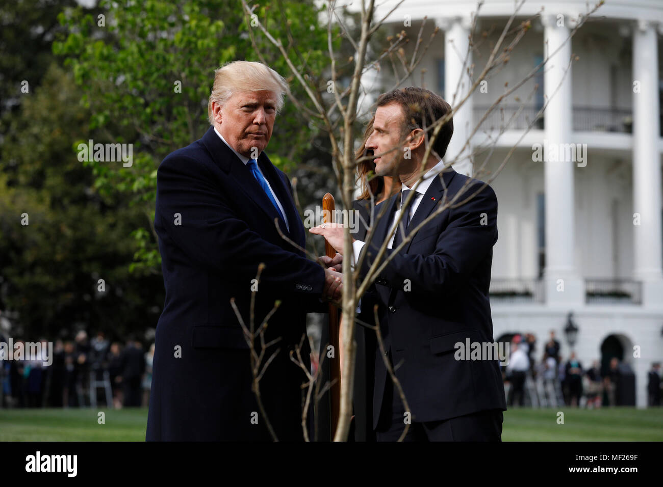 U.S. President Donald Trump and France's president Emmanuel Macron greet each other after planting a tree, a gift from the President and Mrs. Macron, on the South Lawn of the White House in Washington, D.C., U.S., on Monday, April 23, 2018. As Macron arrives for the first state visit of Trump's presidency, the U.S. leader is threatening to upend the global trading system with tariffs on China, maybe Europe too. Credit: Yuri Gripas / Pool via CNP  - NO WIRE SERVICE - Photo: Yuri Gripas/Pool via CNP/dpa Stock Photo