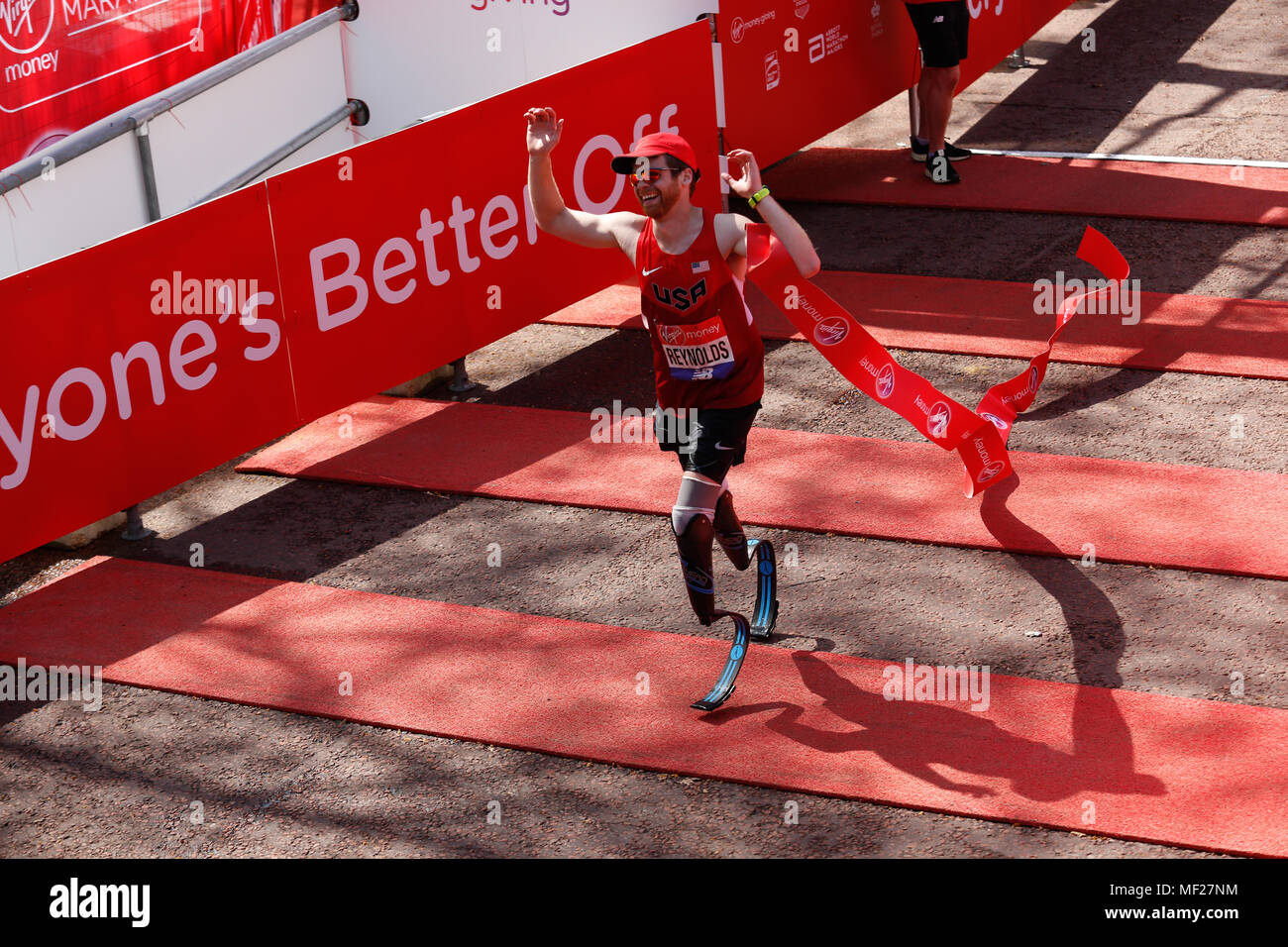 Brian REYNOLDS from USA wins Para-athletics Marathon World Cup for men para-athletes with lower limb impairments during the Virgin Money London Marathon in London, England on April 22, 2018. Stock Photo