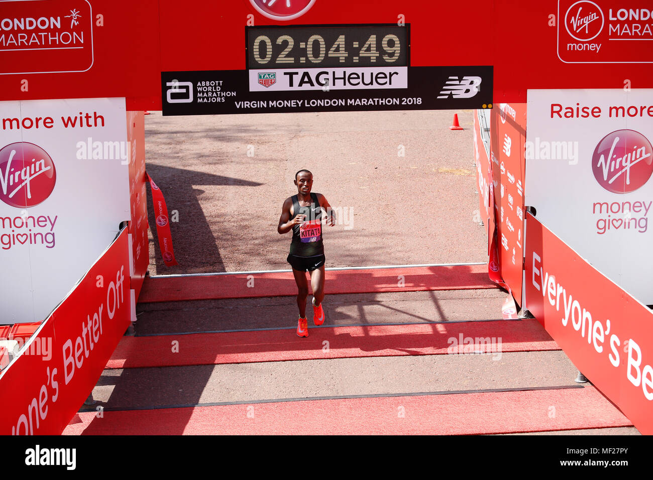Tola Shula KITATA from Ethiopia arrives the second at the finish line during the Virgin Money London Marathon in London, England on April 22, 2018. Stock Photo