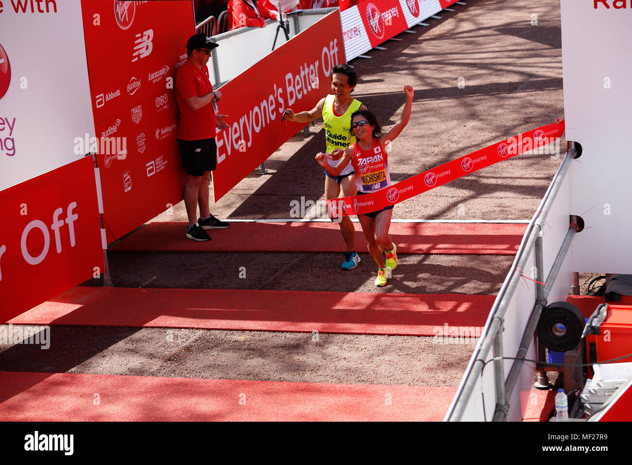 Misato MICHISHITA wins Para-athletics Marathon World Cup for women para-athletes with a visual impairment who run with guide during the Virgin Money London Marathon in London, England on April 22, 2018. Stock Photo