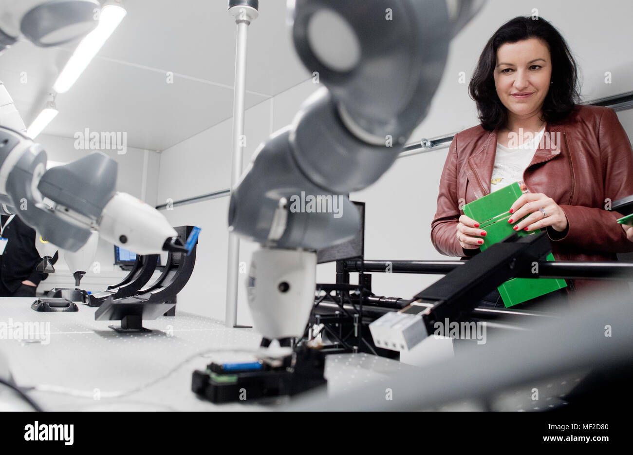 24.04.2018, Lower Saxony, Hanover: Dorothee Bar (CSU), Minister of State for Digitization, will stand at the Hanover Fair 2018 at the Nokia booth in a completely networked modular and mobile factory of the future. The Minister of State has announced a seal for trustworthy IT. In addition, the advisory function of the Federal Office for Security in Information Technology should be expanded, the CSU politician announced at the Hannover Messe. (to dpa  Staatsministerin announces good seal for trustworthy IT an  from 24.04.2018) Photo: Julian Stratenschulte/dpa | usage worldwide Stock Photo