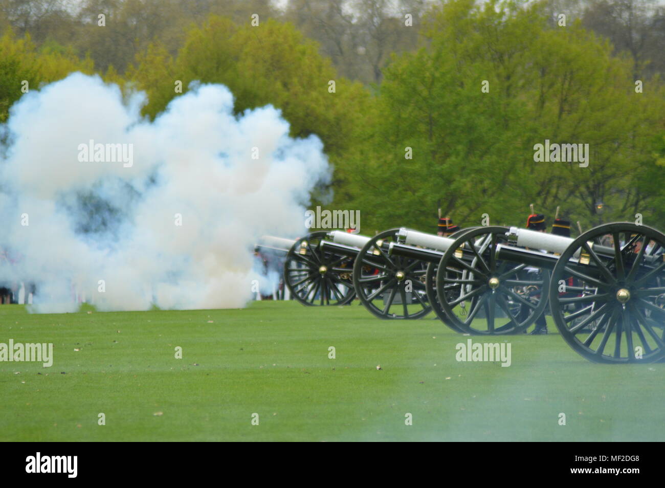 Kings Troop RHA gun salute at Hyde Park to welcome the Duke and