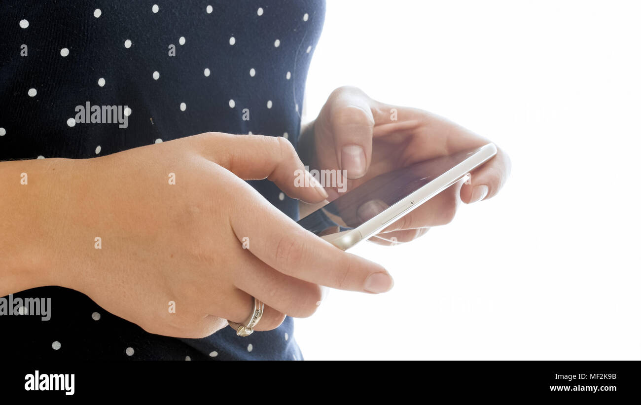 She Is Typing Message Closeup isolated image of young woman typing message in social media on ...