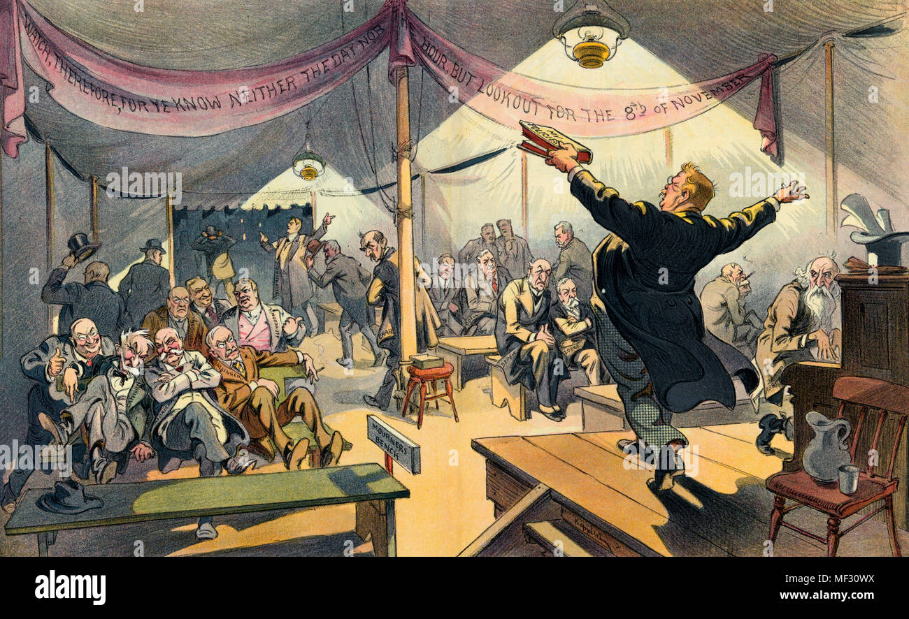 The Republican evangelist -  Illustration shows Theodore Roosevelt as an evangelist preaching from 'My Policies' in a tent with 'Sherman, Cannon, Aldrich, Ballinger, Aldridge, Barnes, and Woodruff' sitting on the left, and 'Depew, Lodge, and Odell' sitting on the right, and 'Crane', who had been sitting on this side, has gotten up and is walking out. 'Beveridge' is standing in the back at the entrance to the tent, and Dr. Abbott is next to Roosevelt, playing a piano. Across the tent hangs a banner that states: 'Watch, therefore, for ye know neither the day nor the hour, but look out for the 8t Stock Photo