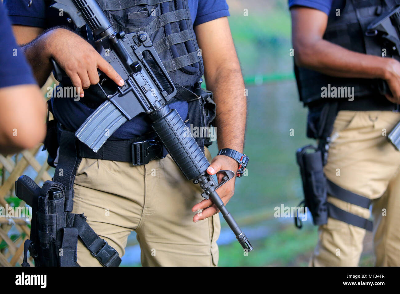 Members of the SWAT Elite Force stand guard in celebration of the Pohela Boishakh, first day of the Bangla New Year. Dhaka, Bangladesh. Stock Photo