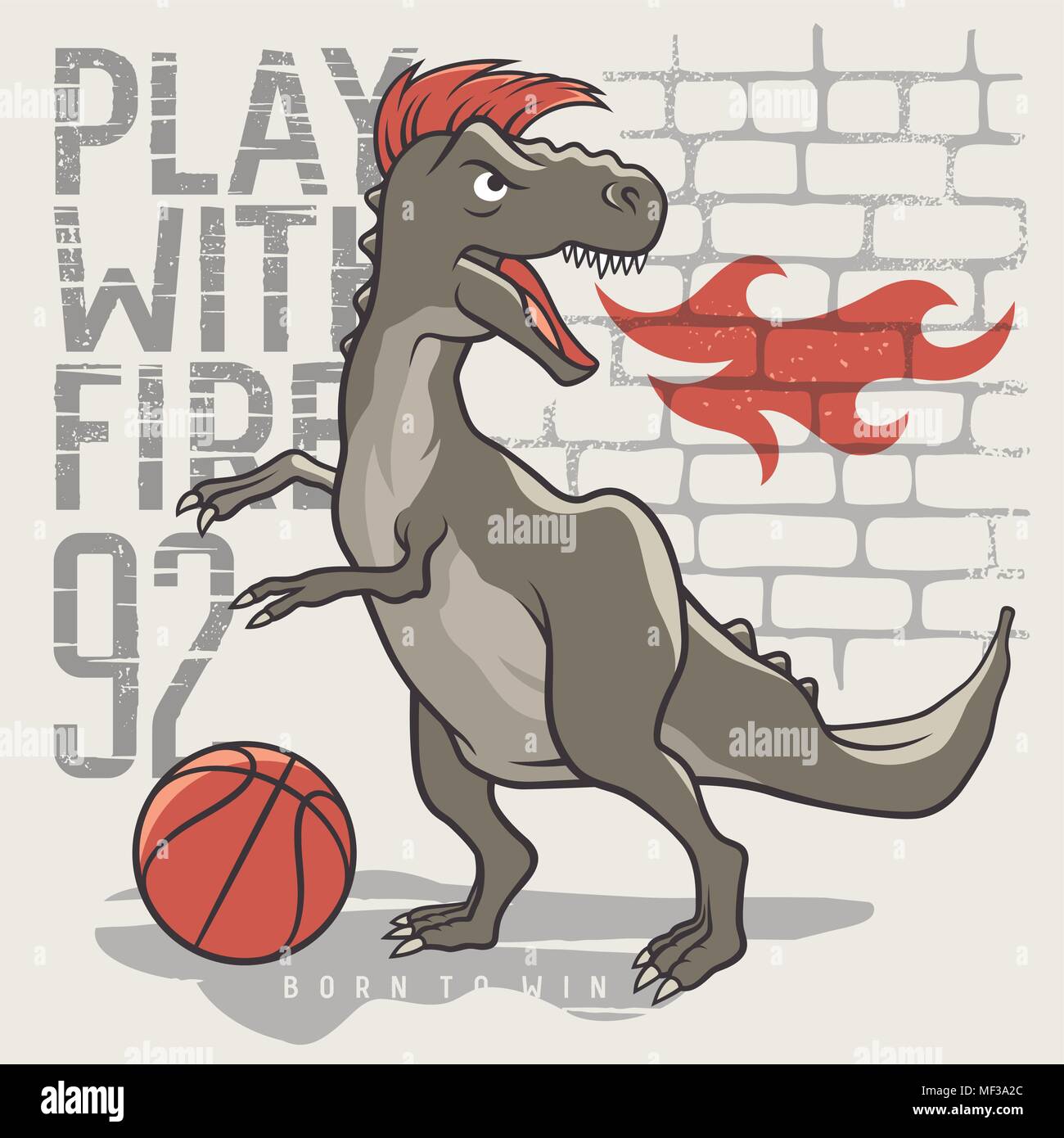 Dinosaur playing basketball. Vector illustration of a tyrannosaur playing a ball. Kids T-shirt graphics on the theme of sport. Inspirational motivatio Stock Vector