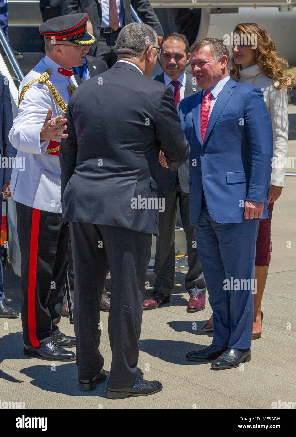 Their Majesties King Abdullah II bin Al-Hussein and Queen Rania Al-Abdullah of the Hashemite Kingdom of Jordan arrive into Sydney Airport as part of their State Visit to Australia in November 2016. Abdullah II bin Al-Hussein (born 30 January 1962) has been King of Jordan since 1999 upon the death of his father, King Hussein of Jordan. King Abdullah II bin Al-Hussein is considered a direct descendant of the Prophet Muhammad through belonging to the ancient Hashemite family. He is also known for promoting peace and interfaith dialogue and is regarded as 'the most influential Muslim in the world' Stock Photo