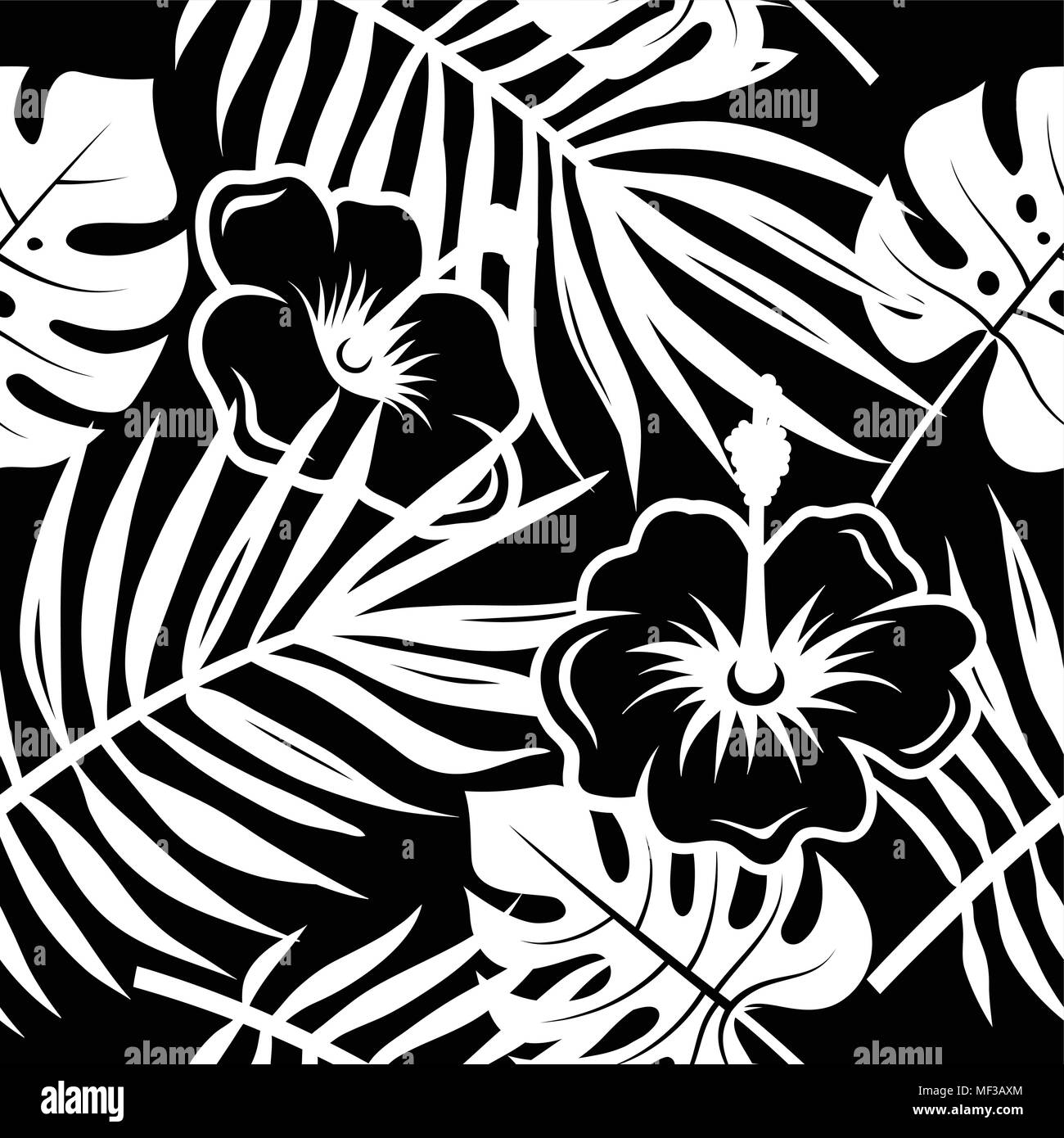Seamless pattern with tropical palm leaves and exotic flowers. Hand drawn vector background. Trendy floral wallpaper Stock Vector