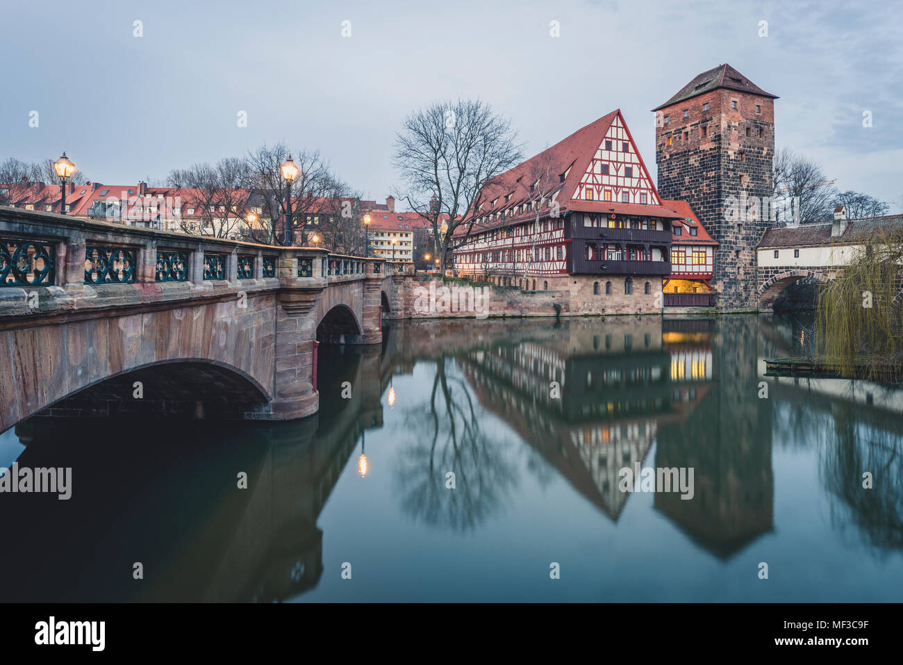 Germany, Bavaria, Nuremberg, View from Max Bridge to Weinstadel and Henkerhaus Stock Photo