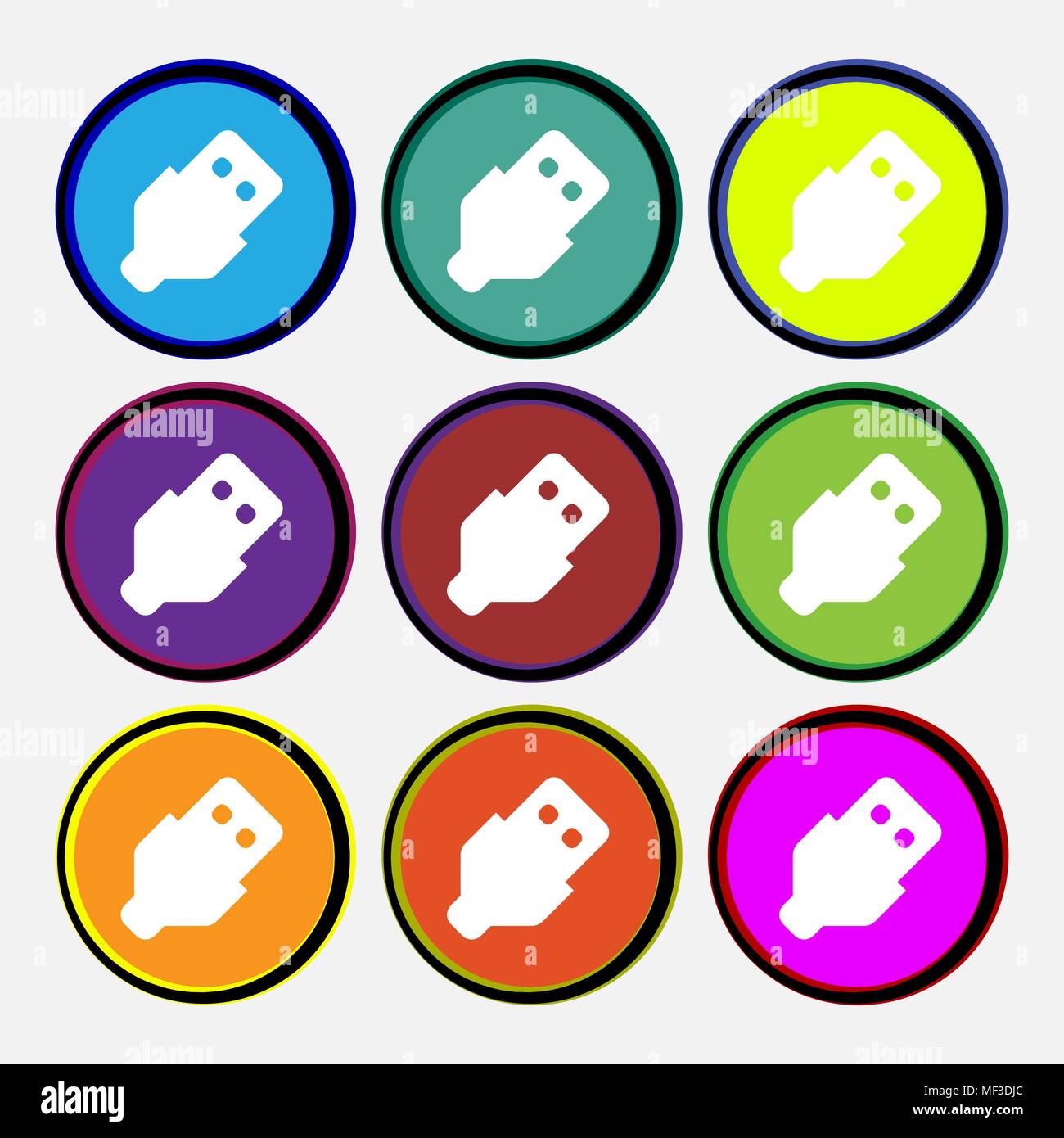 USB  icon sign. Nine multi-colored round buttons. Vector illustration Stock Vector