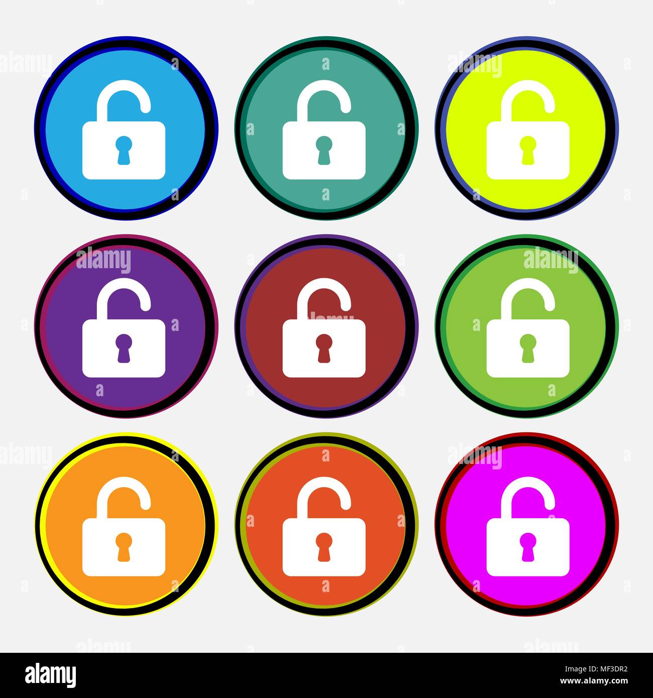 Open Padlock  icon sign. Nine multi-colored round buttons. Vector illustration Stock Vector