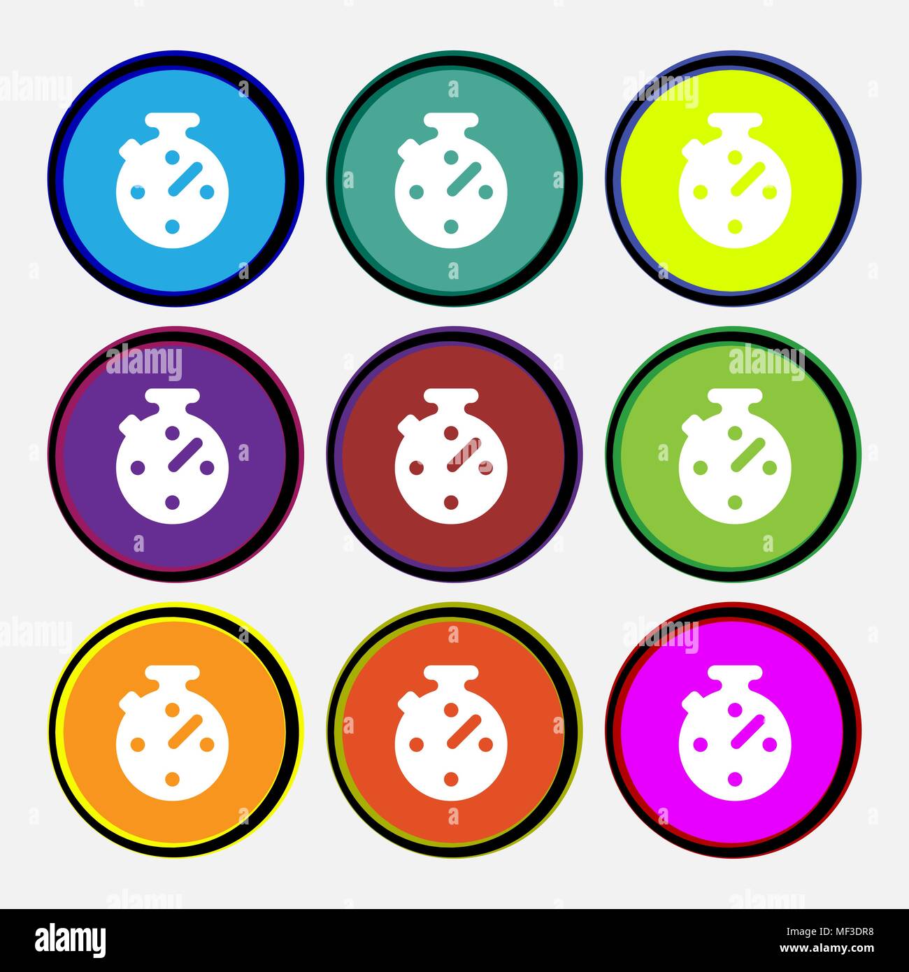 Timer, stopwatch icon sign. Nine multi-colored round buttons. Vector ...