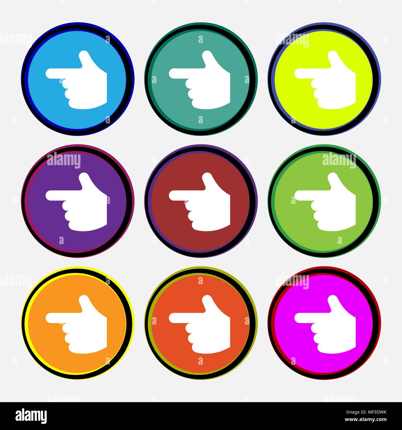 pointing hand  icon sign. Nine multi-colored round buttons. Vector illustration Stock Vector