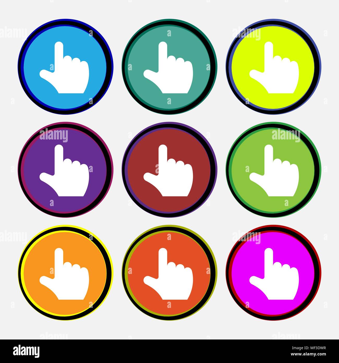 pointing hand  icon sign. Nine multi-colored round buttons. Vector illustration Stock Vector