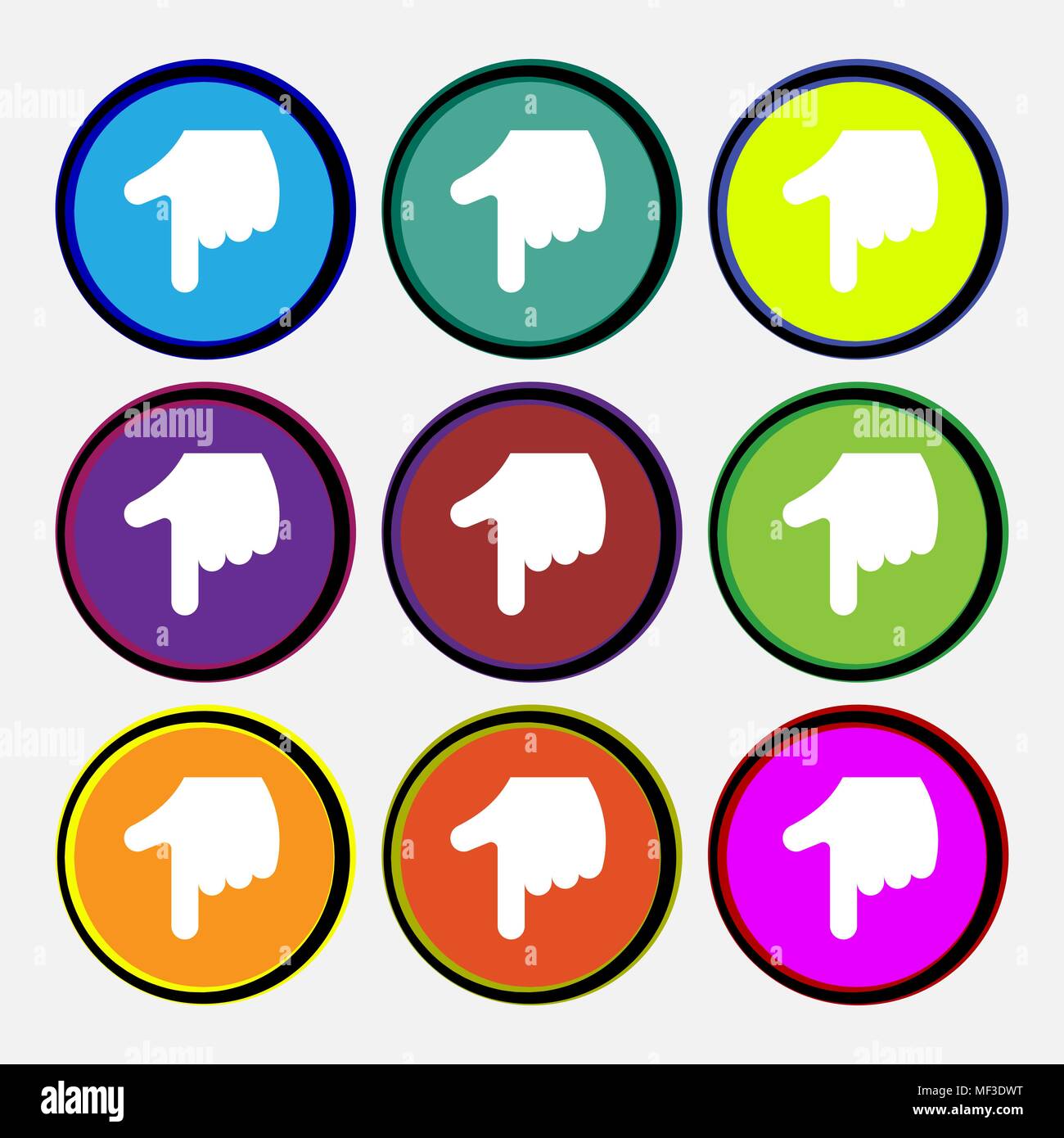 pointing hand  icon sign. Nine multi-colored round buttons. Vector illustration Stock Vector