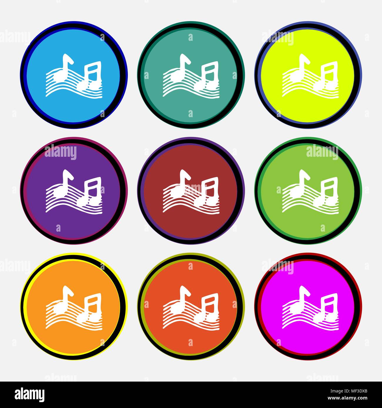 musical note, music, ringtone icon sign. Nine multi colored round buttons. Vector illustration Stock Vector
