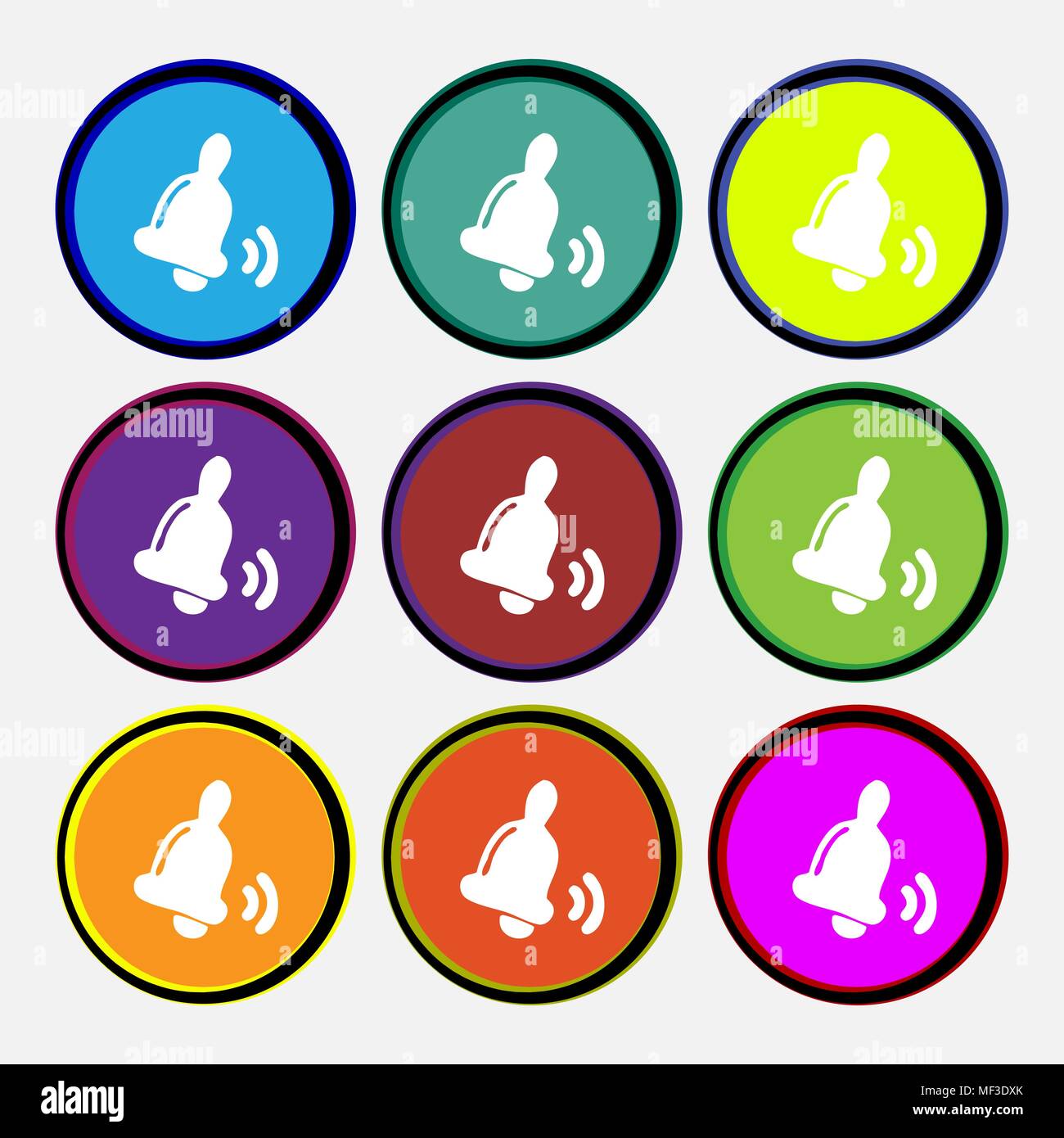 Bell  icon sign. Nine multi colored round buttons. Vector illustration Stock Vector