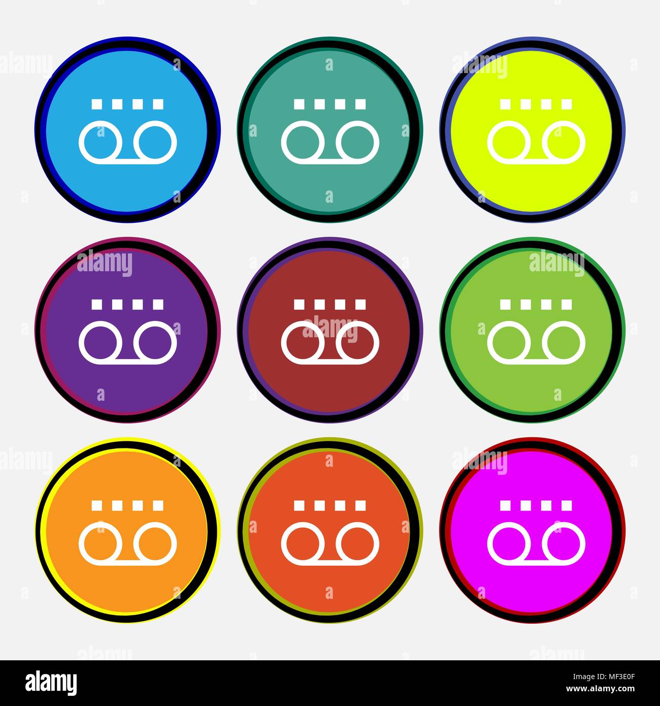 audio cassette icon sign. Nine multi colored round buttons. Vector ...