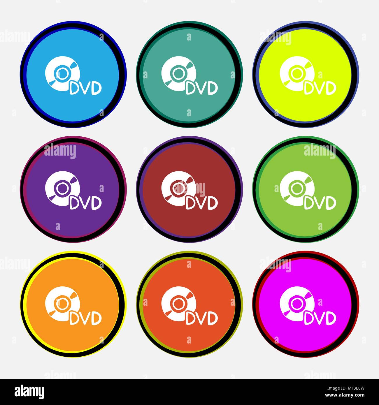 dvd icon sign. Nine multi colored round buttons. Vector illustration ...