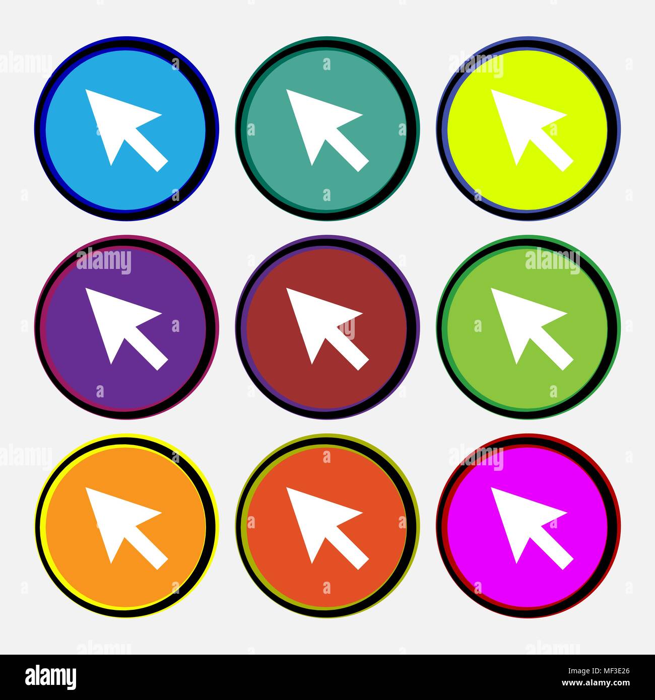 arrow cursor, computer mouse icon sign. Nine multi colored round ...