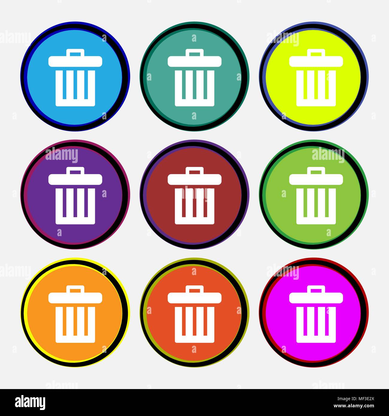 Recycle bin icon sign. Nine multi colored round buttons. Vector illustration Stock Vector