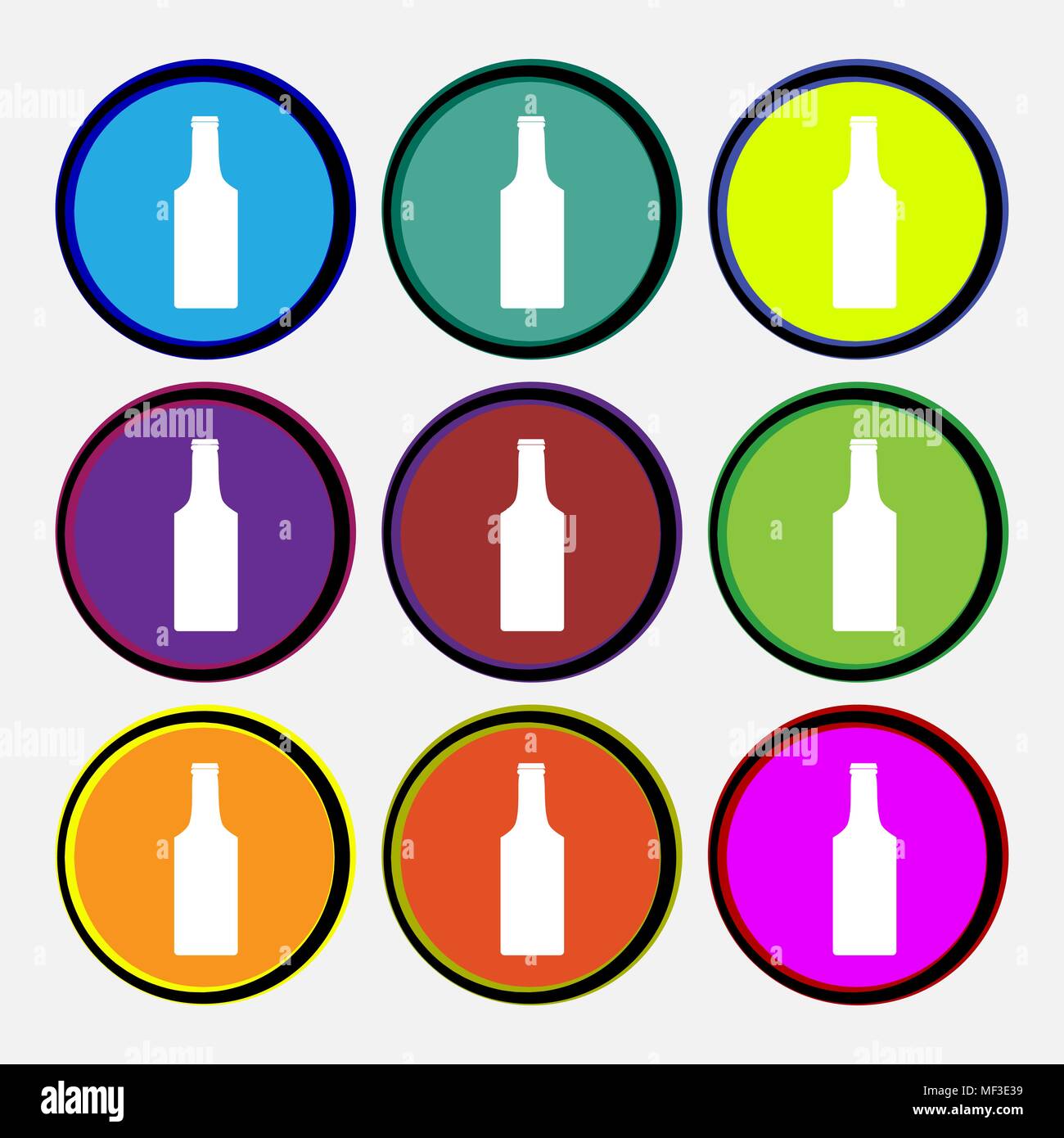 bottle icon sign. Nine multi colored round buttons. Vector illustration Stock Vector