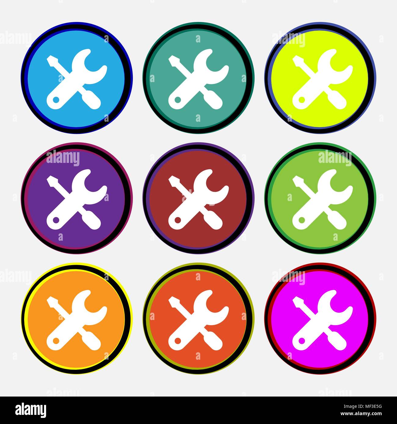 screwdriver, key, settings icon sign. Nine multi colored round buttons. Vector illustration Stock Vector