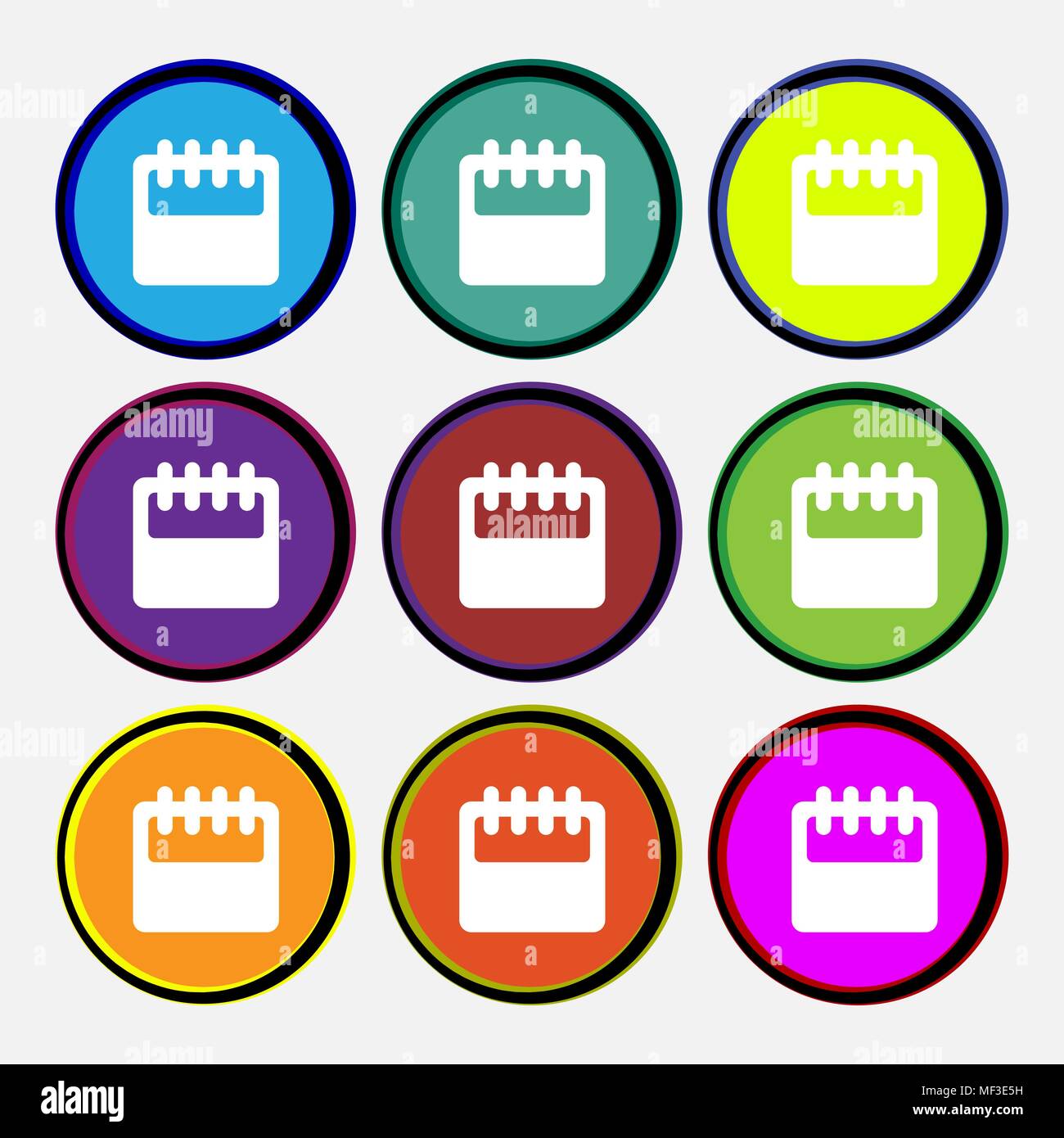 Notepad, calendar icon sign. Nine multi colored round buttons. Vector illustration Stock Vector