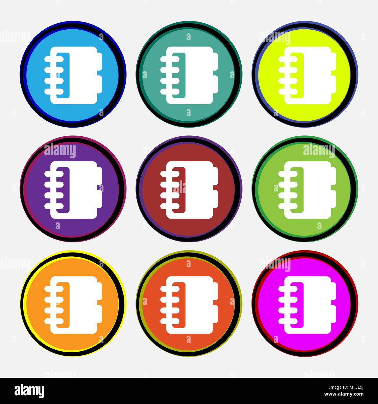 Notepad, calendar icon sign. Nine multi colored round buttons. Vector illustration Stock Vector