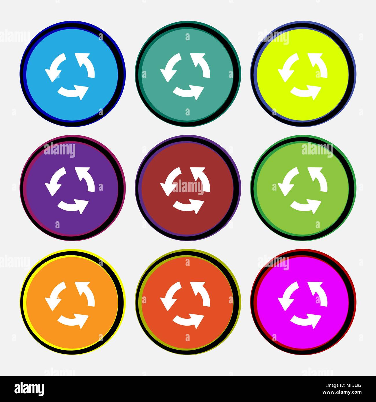 Refresh icon sign. Nine multi colored round buttons. Vector illustration Stock Vector