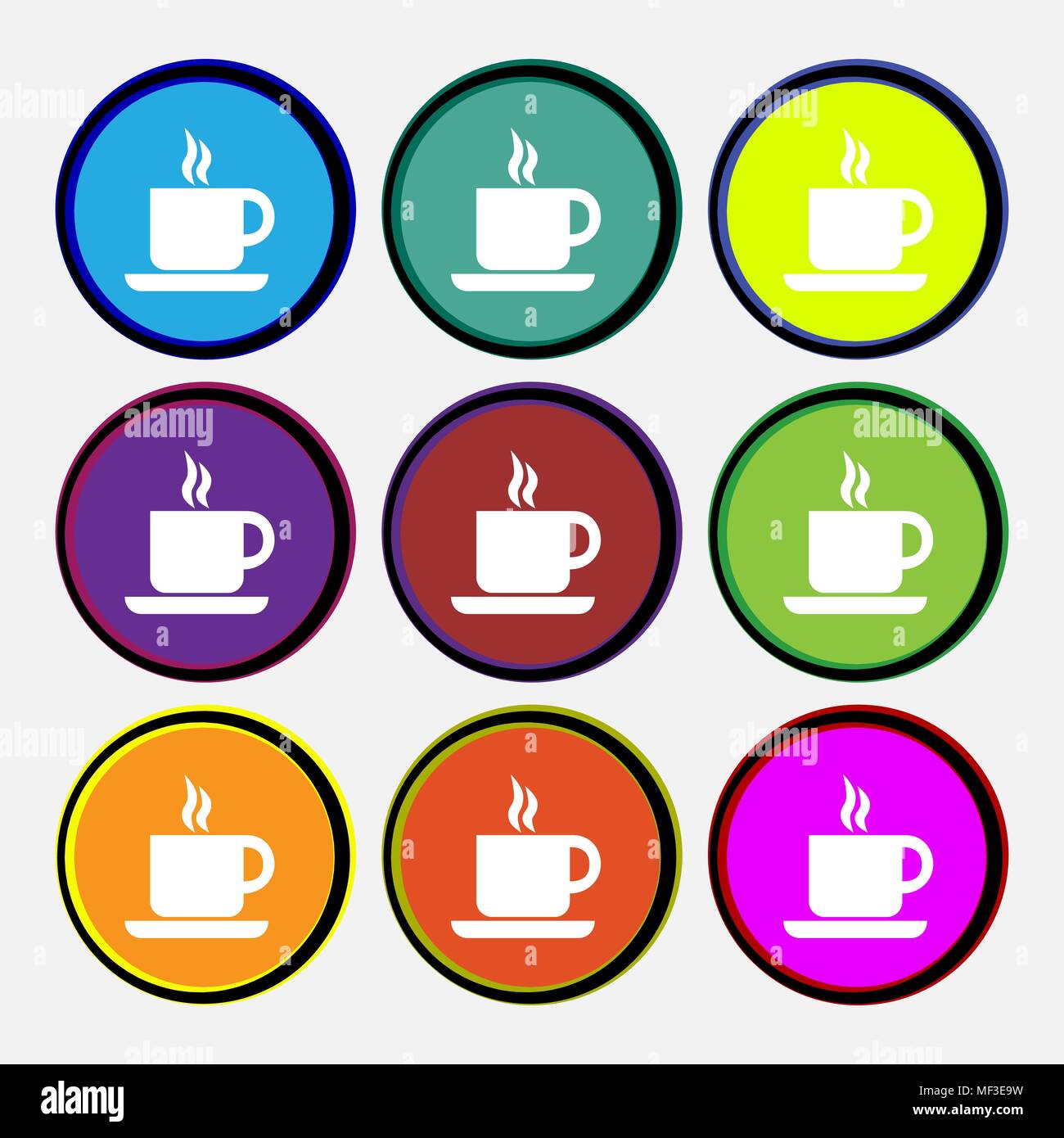 coffee icon sign. Nine multi colored round buttons. Vector illustration Stock Vector