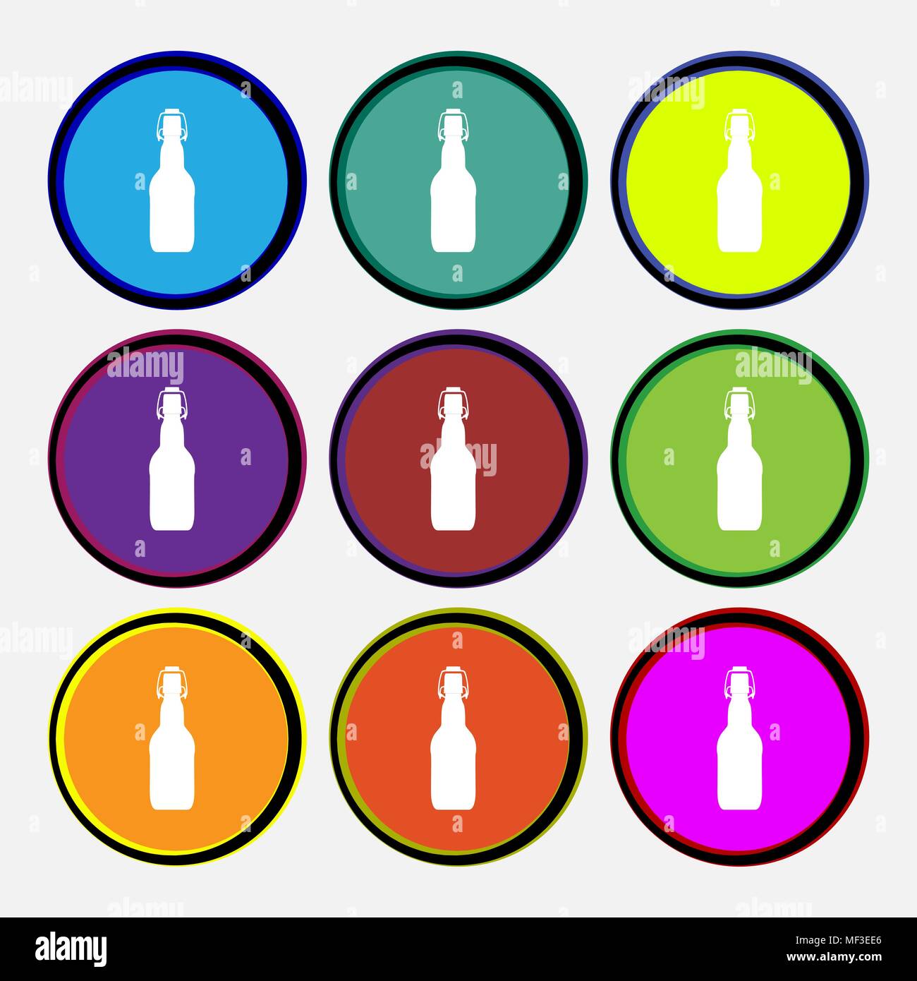 bottle icon sign. Nine multi colored round buttons. Vector illustration Stock Vector
