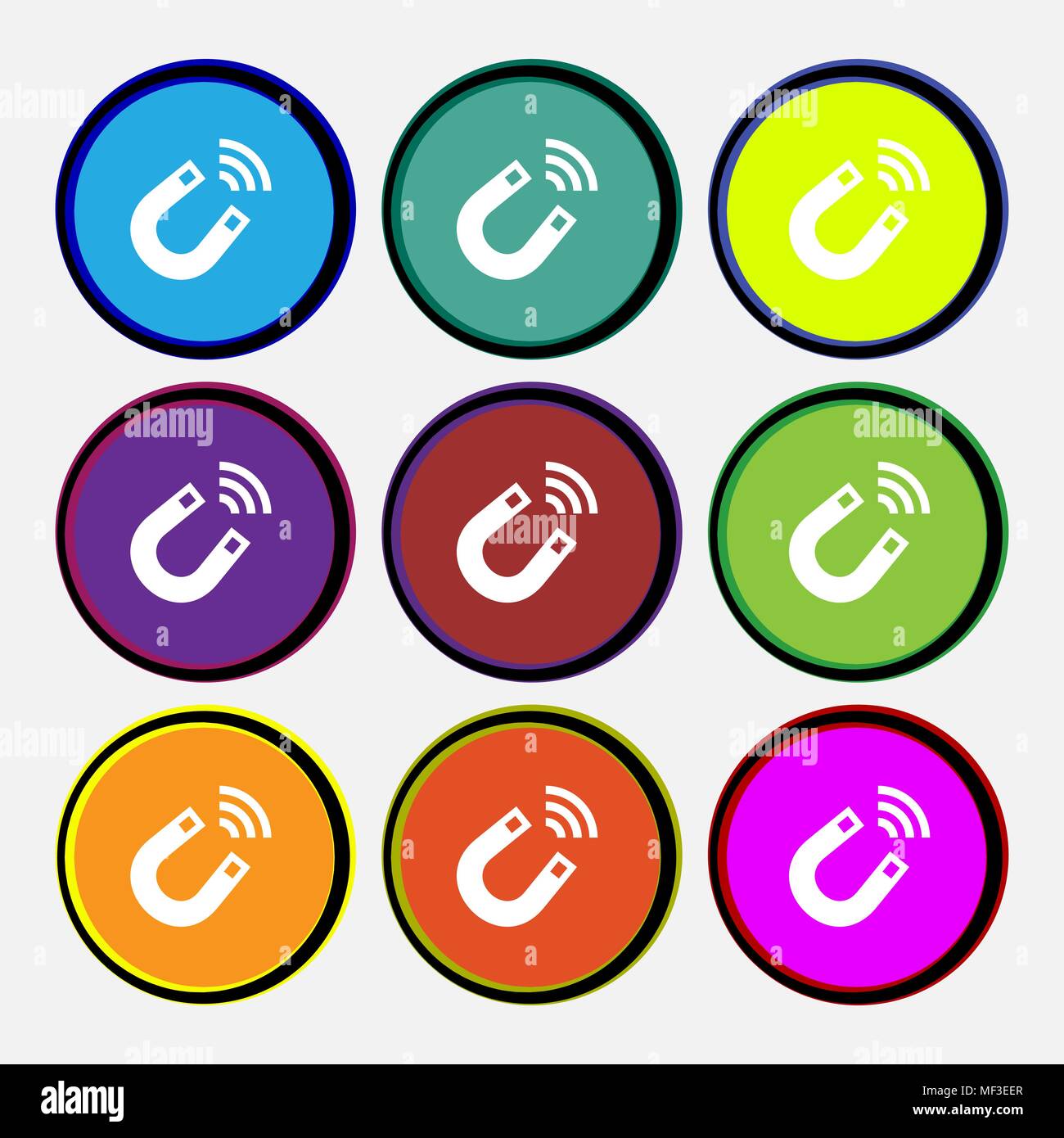 Magnet icon sign. Nine multi colored round buttons. Vector illustration ...
